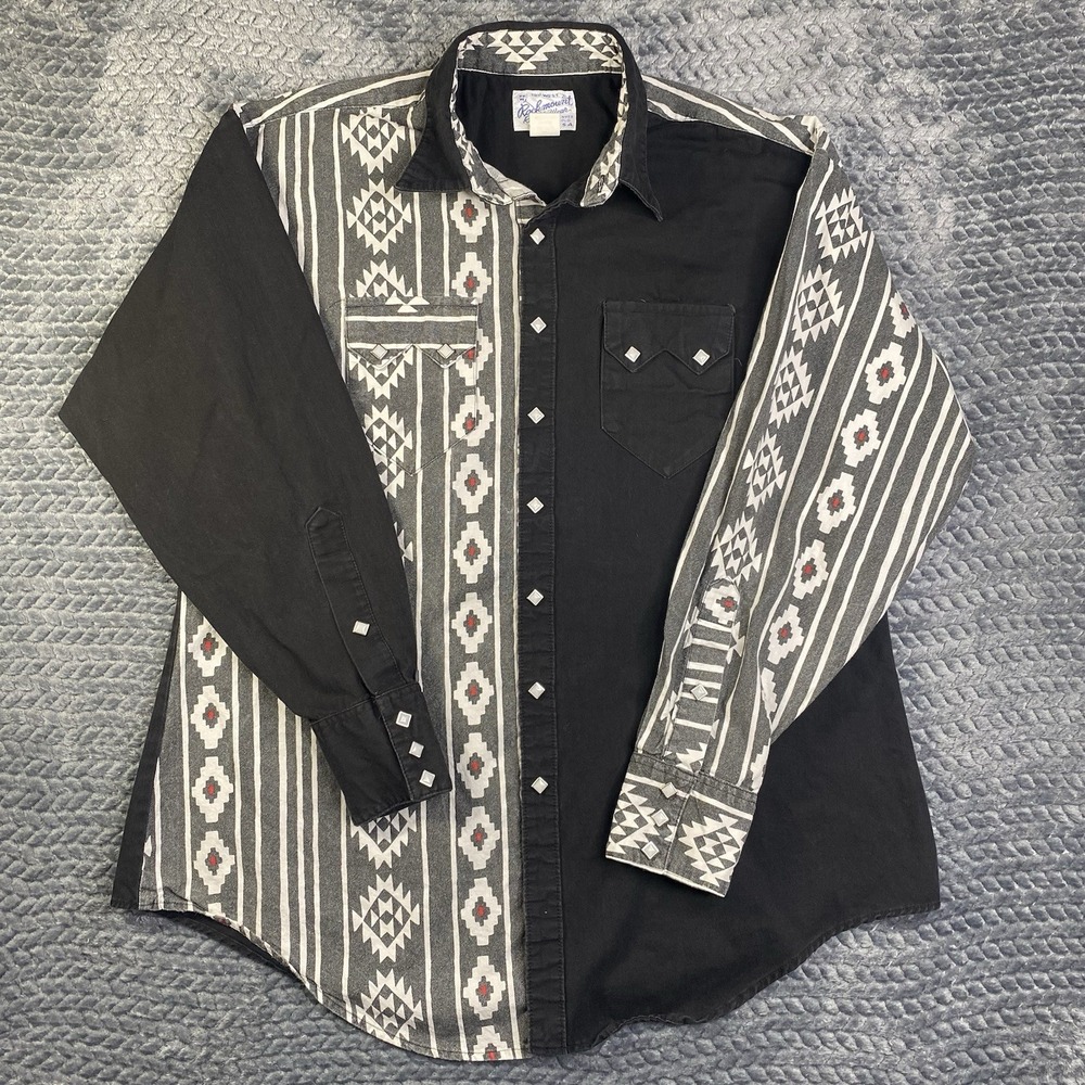 VINTAGE Tru West Rockmount Ranchwear Shirt Mens L Aztec Pearl Snap Cowboy VTG